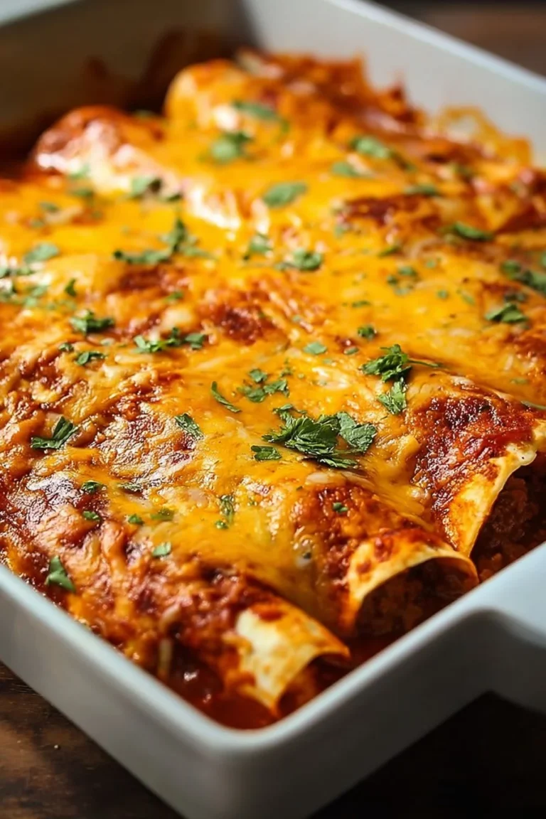 Cheesy 5-Ingredient Beef Enchiladas topped with sauce and cheese