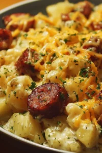 Cheesy Ranch Potatoes and Sausage dish on a serving plate