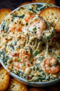 Cheesy shrimp and crab dip with spinach served in a bowl