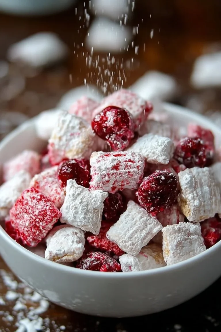 Cherry Cheesecake Puppy Chow with a vibrant cherry topping and creamy texture