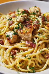 Delicious Chicken Carbonara served in a creamy sauce with crispy bacon