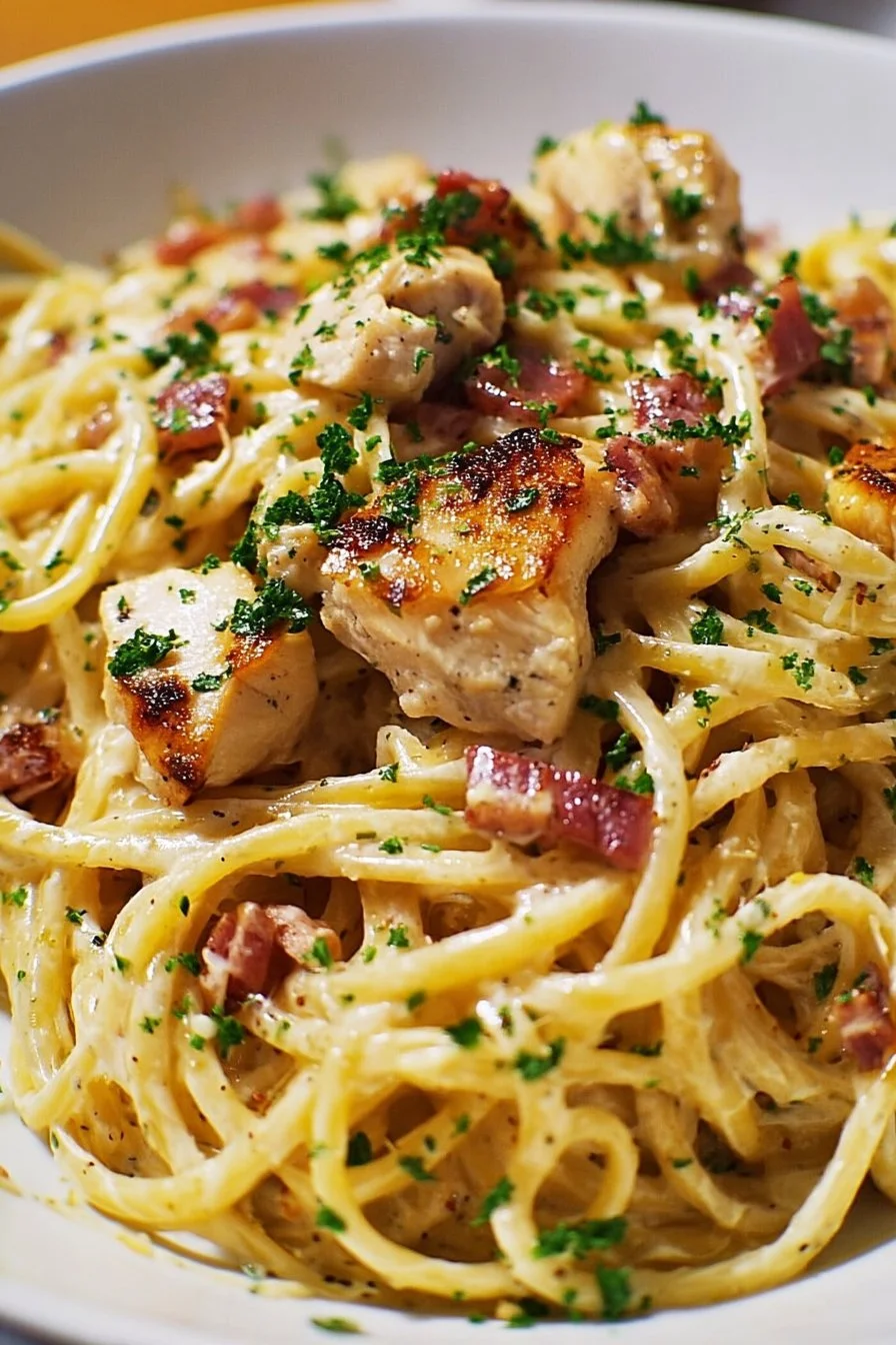 Delicious Chicken Carbonara served in a creamy sauce with crispy bacon