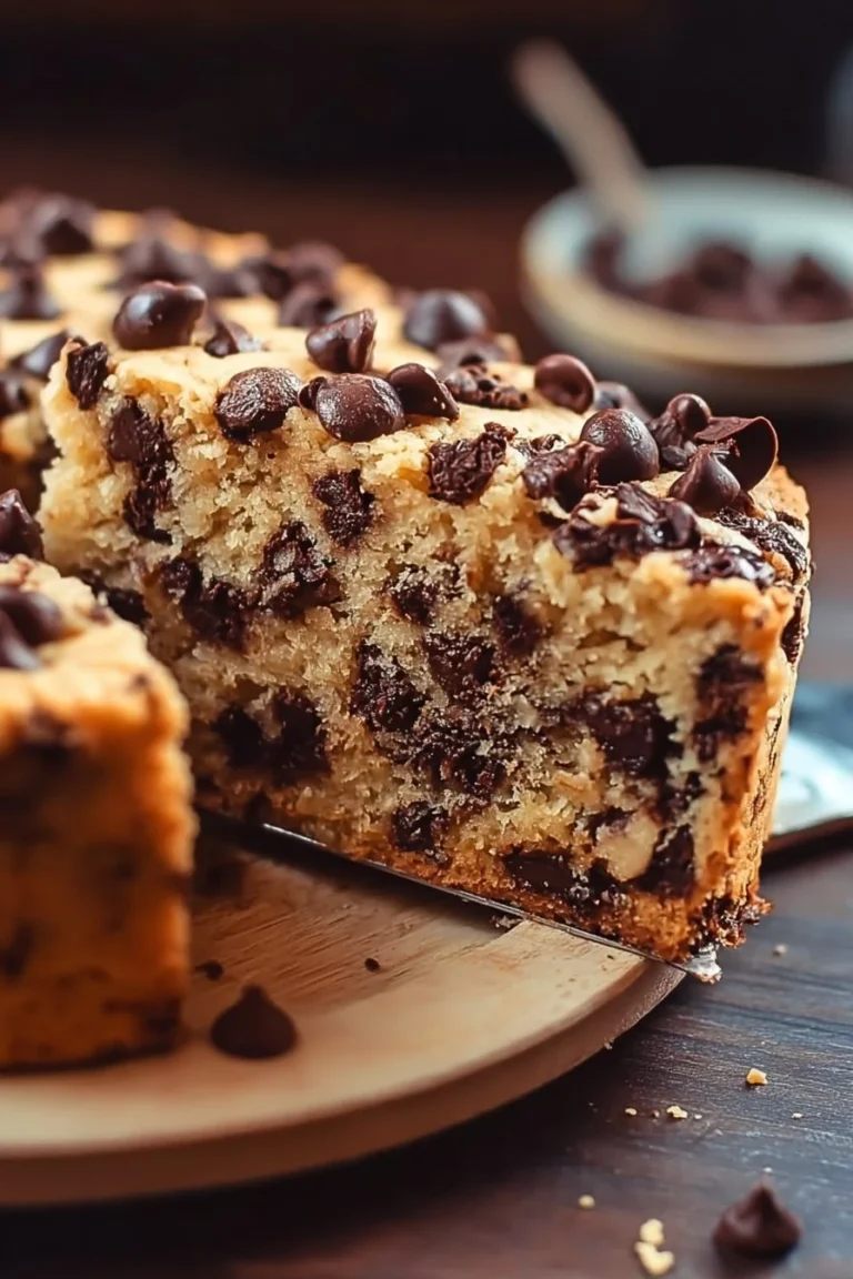 Delicious chocolate chip cookie cake with melted chocolate chips and frosting