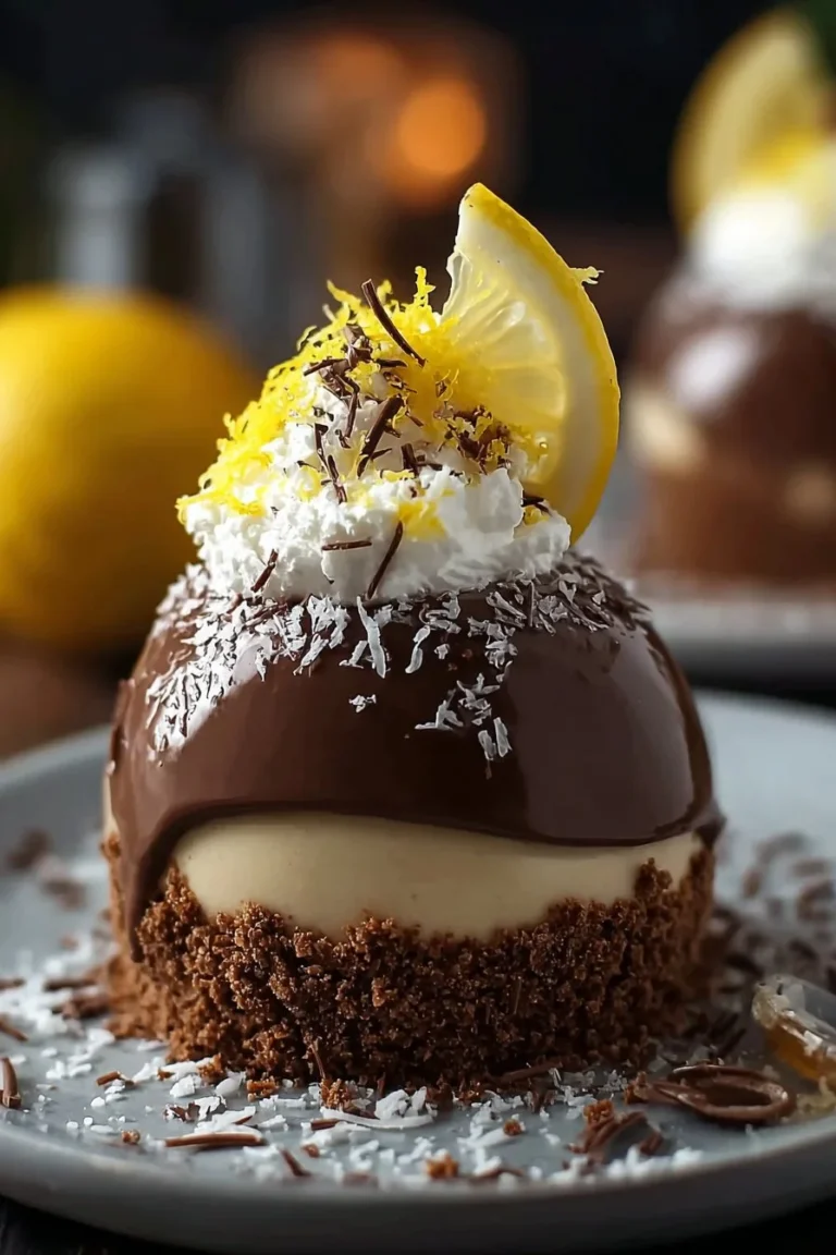 Chocolate Lemon Mousse Dome with a cookie crunch base garnished with lemon zest