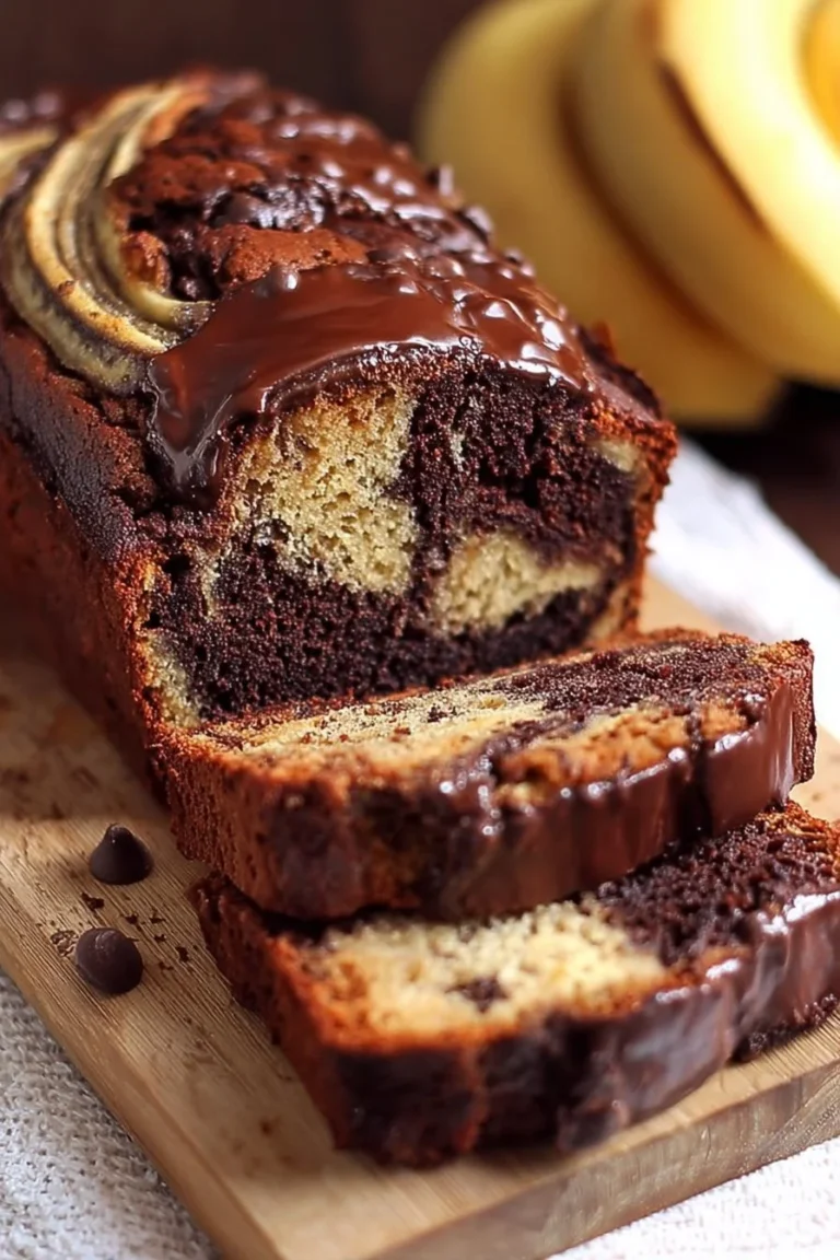 Delicious Chocolate Marble Banana Bread sliced on a wooden board