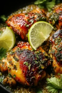 Delicious cilantro lime chicken thighs garnished with fresh cilantro.