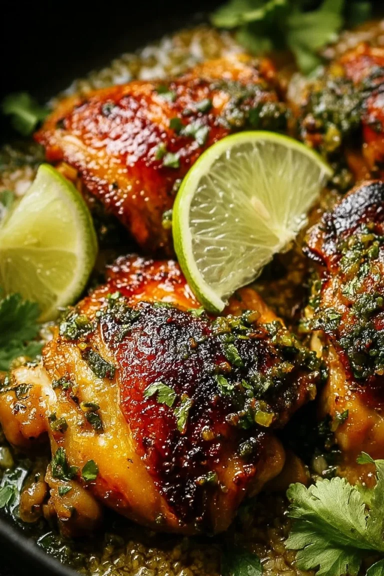 Delicious cilantro lime chicken thighs garnished with fresh cilantro.