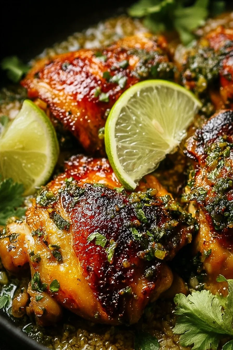 Delicious cilantro lime chicken thighs garnished with fresh cilantro.