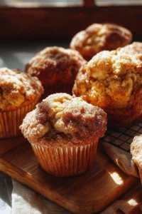 Freshly baked cinnamon apple cider muffins on a rustic wooden table