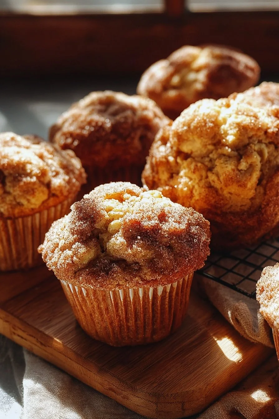 Freshly baked cinnamon apple cider muffins on a rustic wooden table