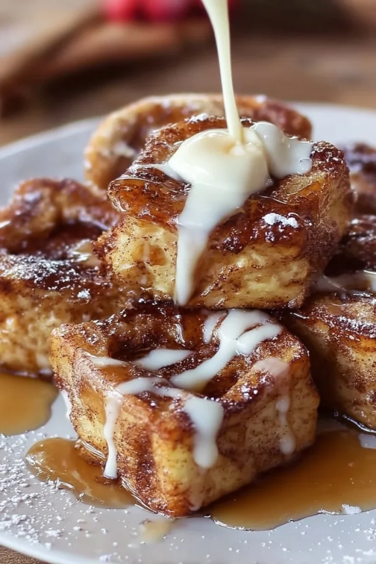 Cinnamon roll French toast bites served with maple syrup and a sprinkle of powdered sugar.