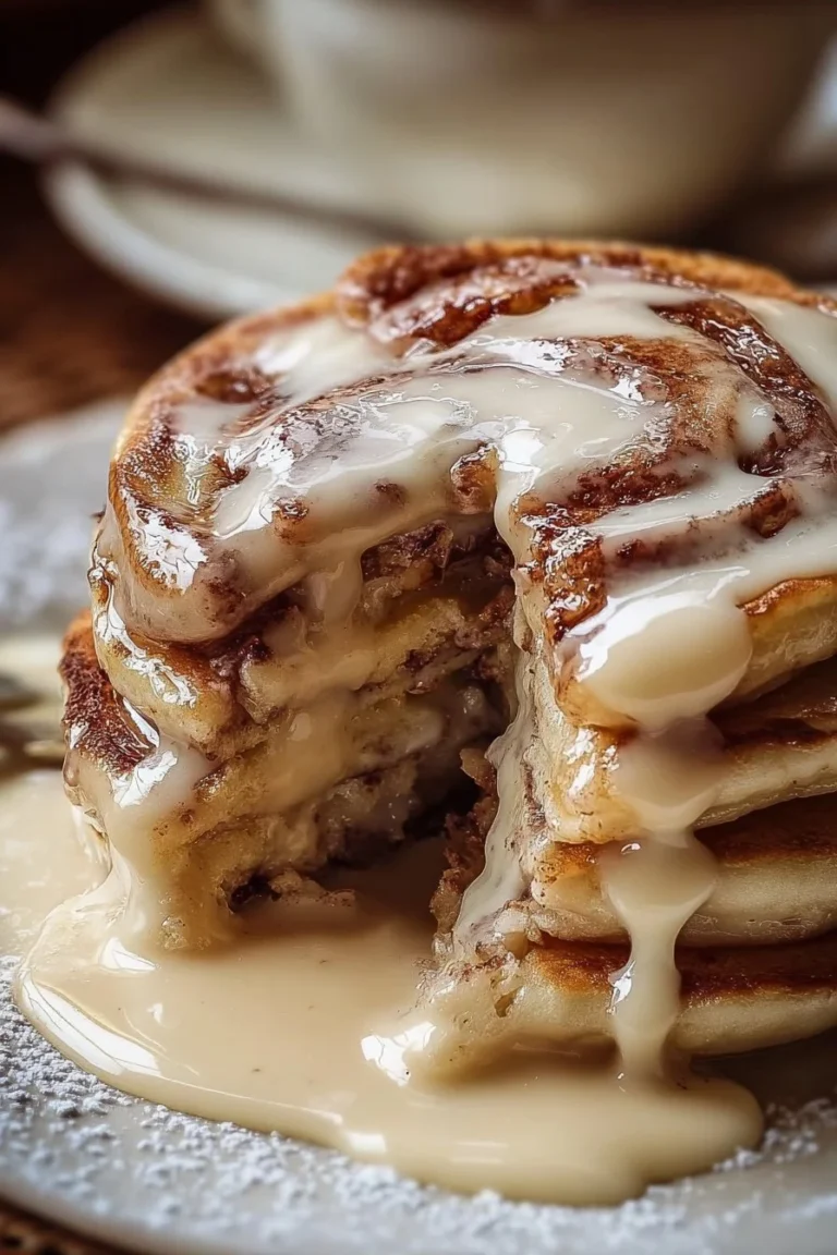 Fluffy cinnamon roll pancakes stuffed with cinnamon filling and topped with icing.