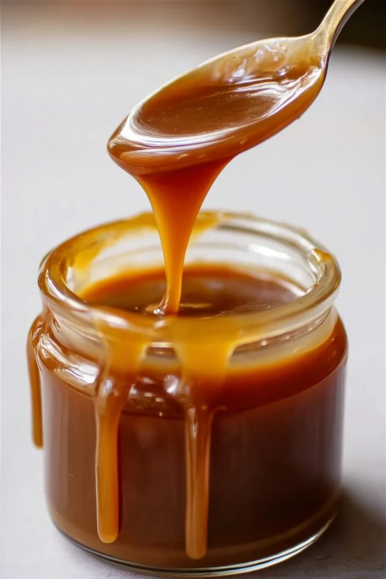 Homemade classic caramel sauce in a glass jar with a spoon