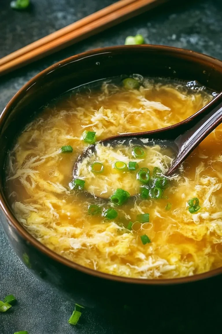 Bowl of classic egg drop soup garnished with green onions
