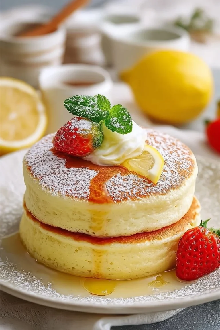 Cloud-like lemon soufflé pancakes stacked on a plate with lemon zest garnish