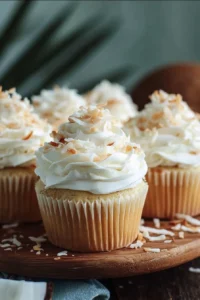 Delicious Coconut Cream Pie Cupcakes topped with coconut flakes and creamy frosting.
