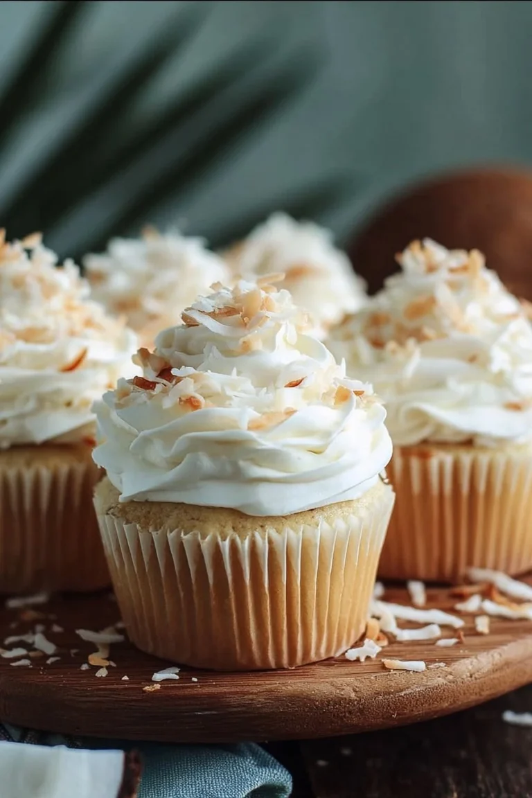 Delicious Coconut Cream Pie Cupcakes topped with coconut flakes and creamy frosting.