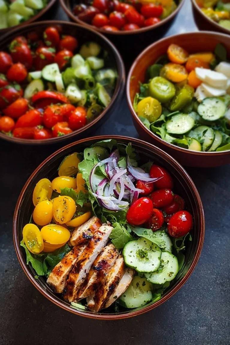Colorful salad bowls filled with fresh ingredients for a vibrant meal.