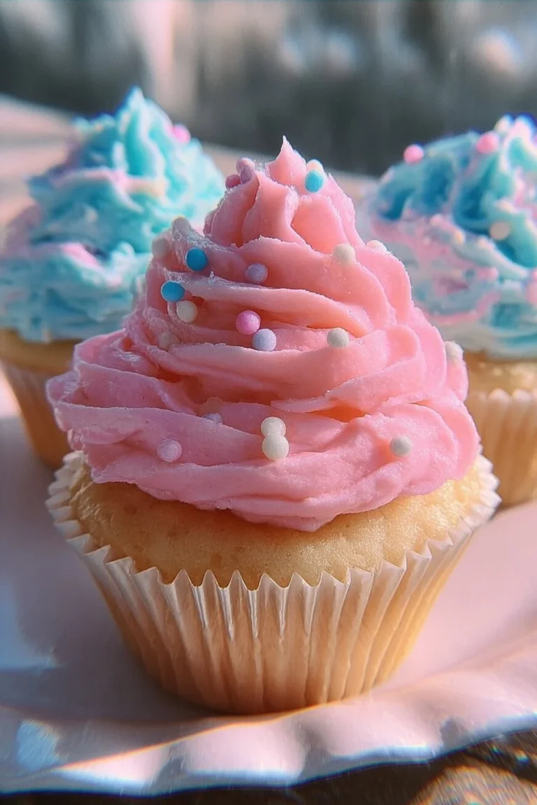 Colorful cotton candy cupcakes topped with fluffy frosting and sprinkles