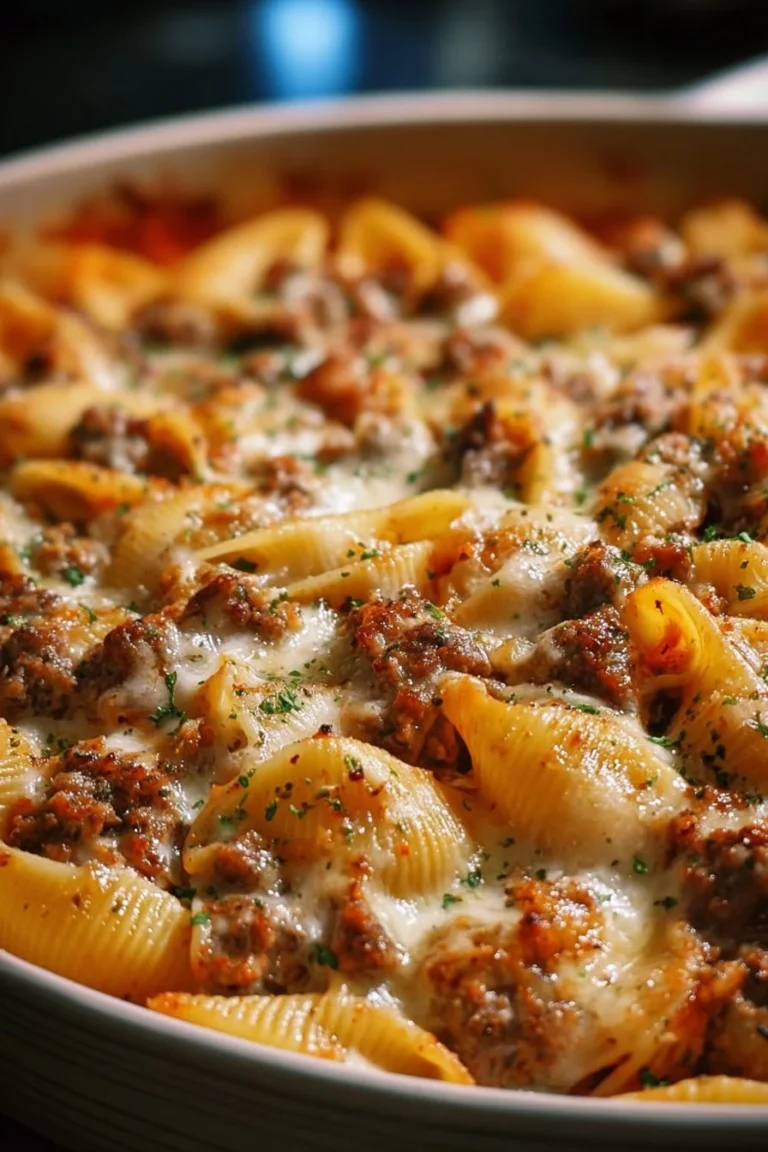 Creamy beef shells casserole baked with cheese and herbs