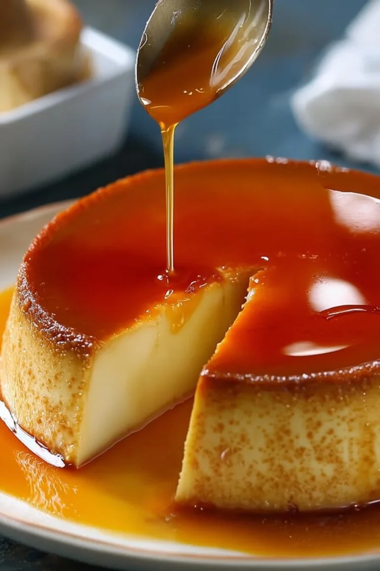 Delicious creamy caramel flan dessert served in a clear glass dish