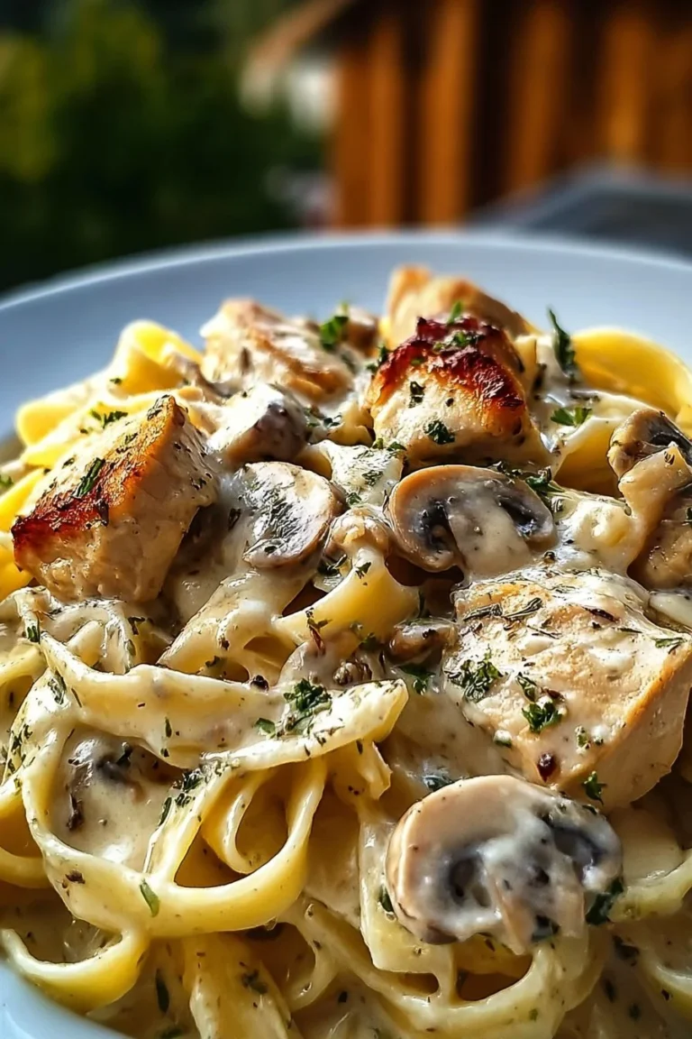 Creamy chicken and mushroom pasta dish garnished with herbs