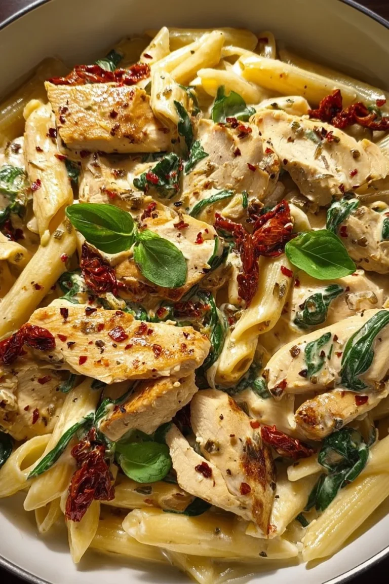 Creamy chicken pasta with spinach and sun-dried tomatoes served in a bowl