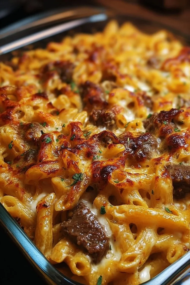 Creamy Honey Buffalo Steak Pasta Bake served in a dish, garnished with herbs.
