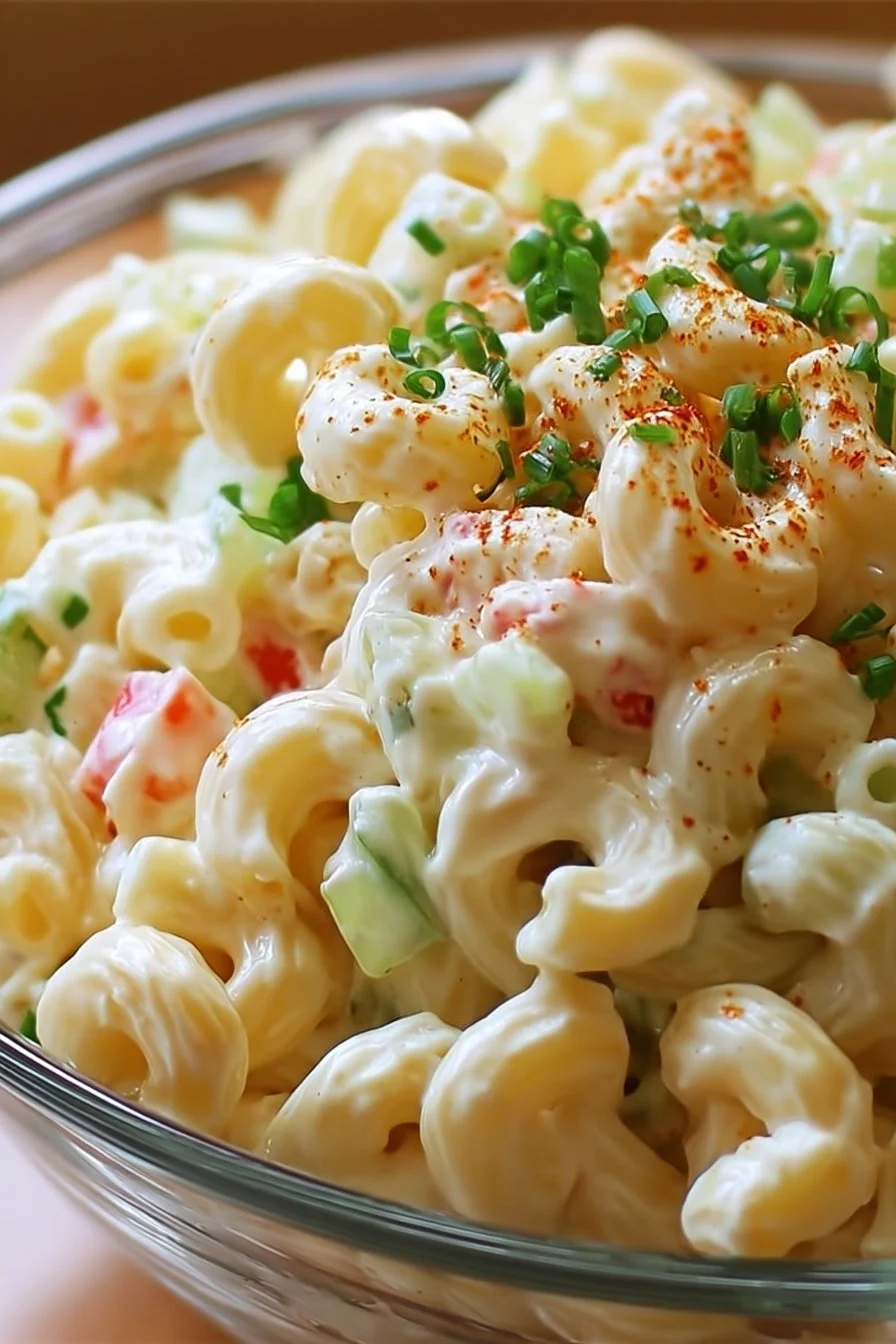 Bowl of creamy macaroni salad garnished with herbs