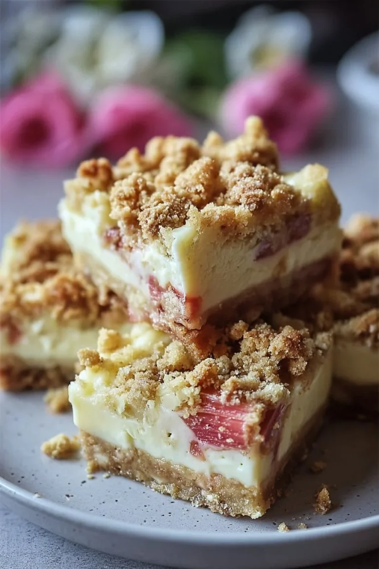 Creamy rhubarb cheesecake bars with a crunchy crumble topping