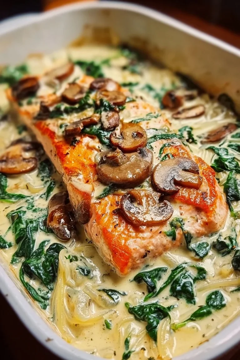 Creamy salmon florentine dish with spinach and mushrooms served on a plate.