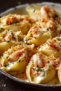 Creamy seafood stuffed shells on a plate, garnished with herbs.