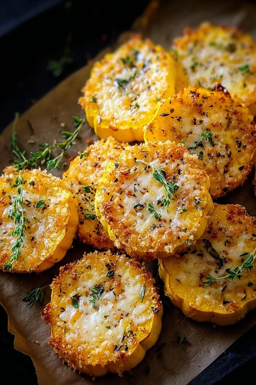 Crispy baked cheesy squash rounds on a plate, garnished with herbs.