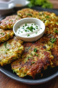 Plate of crispy baked zucchini fritters garnished with herbs