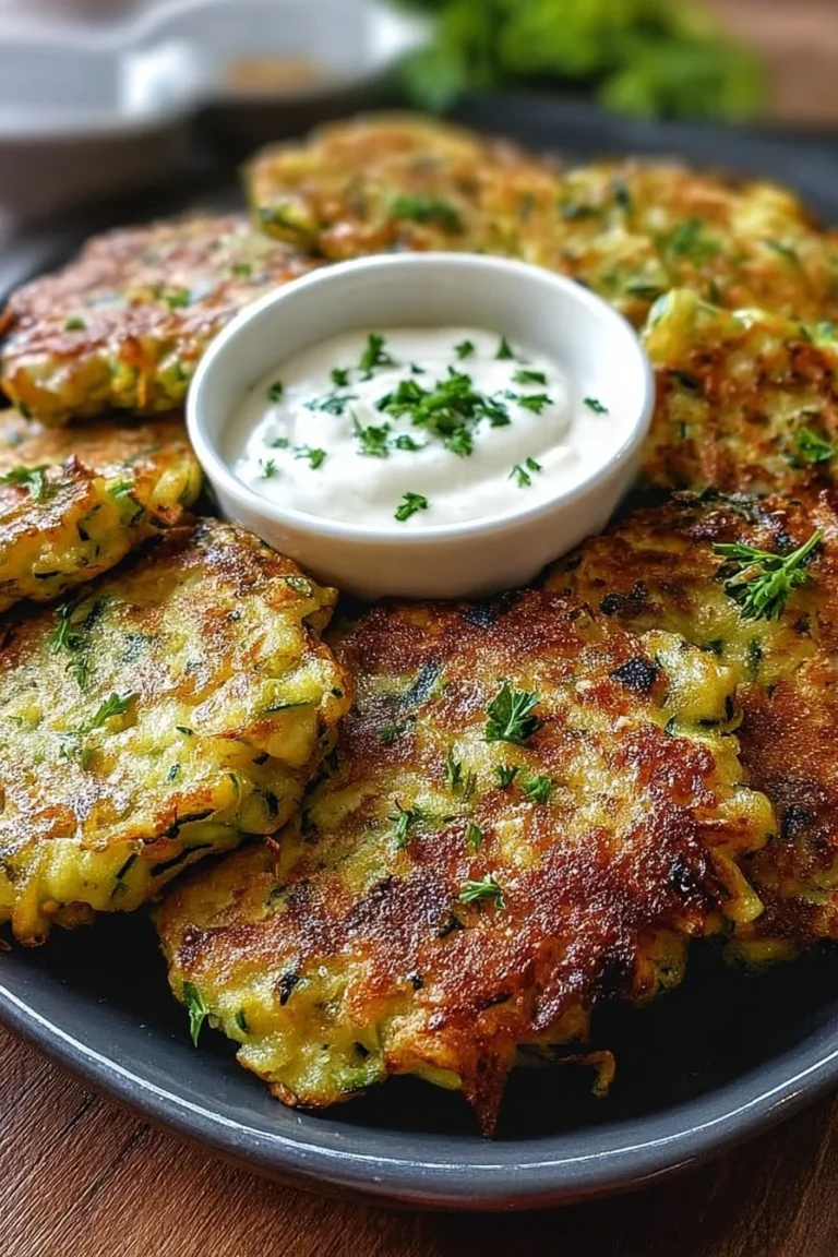 Plate of crispy baked zucchini fritters garnished with herbs