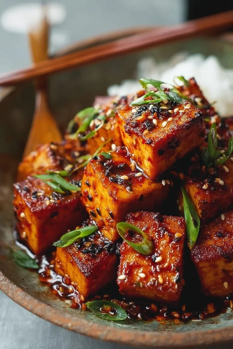 Crispy gochujang Korean tofu served with fresh vegetables