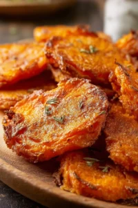 Plate of crispy smashed sweet potatoes garnished with herbs