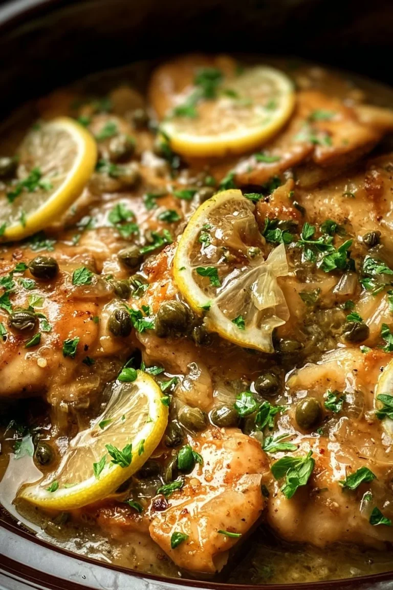 Crockpot Chicken Piccata with lemon and capers served on a plate