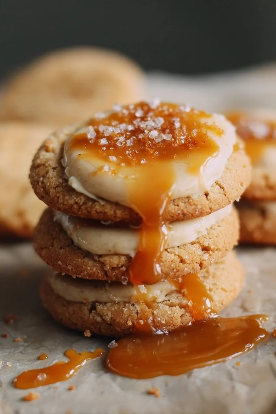 Crumbl Salted Caramel Cheesecake Cookies on a plate, drizzled with caramel sauce