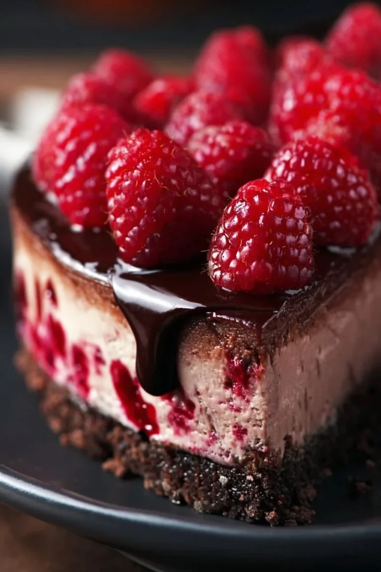 Dark Chocolate Raspberry Cheesecake dessert with chocolate and raspberry layers