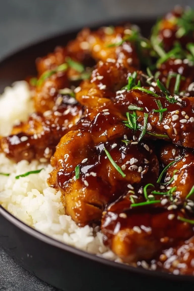 Plate of delicious Easy Bourbon Chicken served with rice and vegetables