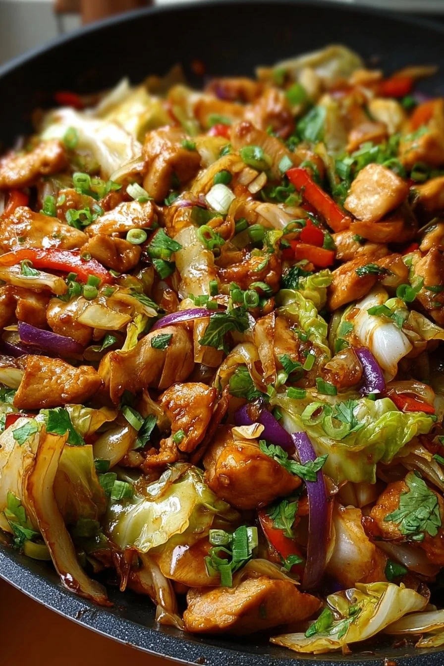 Easy chicken and cabbage stir fry served in a bowl