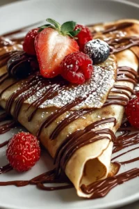Delicious easy chocolate crepes served with powdered sugar and berries