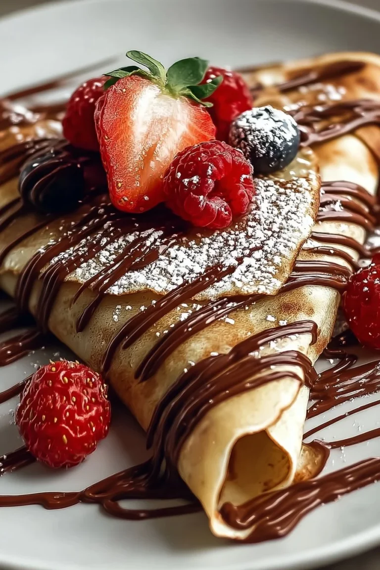 Delicious easy chocolate crepes served with powdered sugar and berries