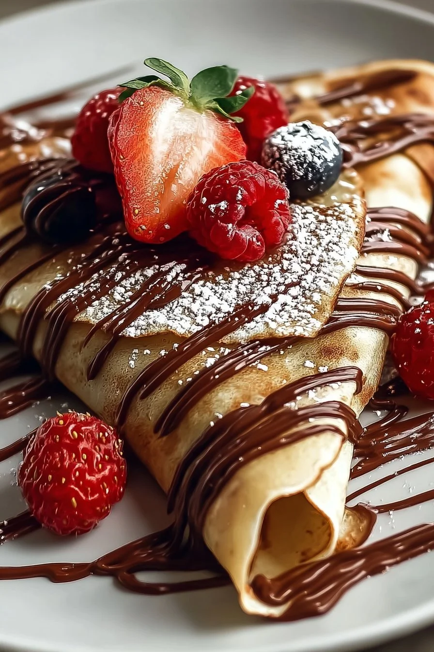 Delicious easy chocolate crepes served with powdered sugar and berries