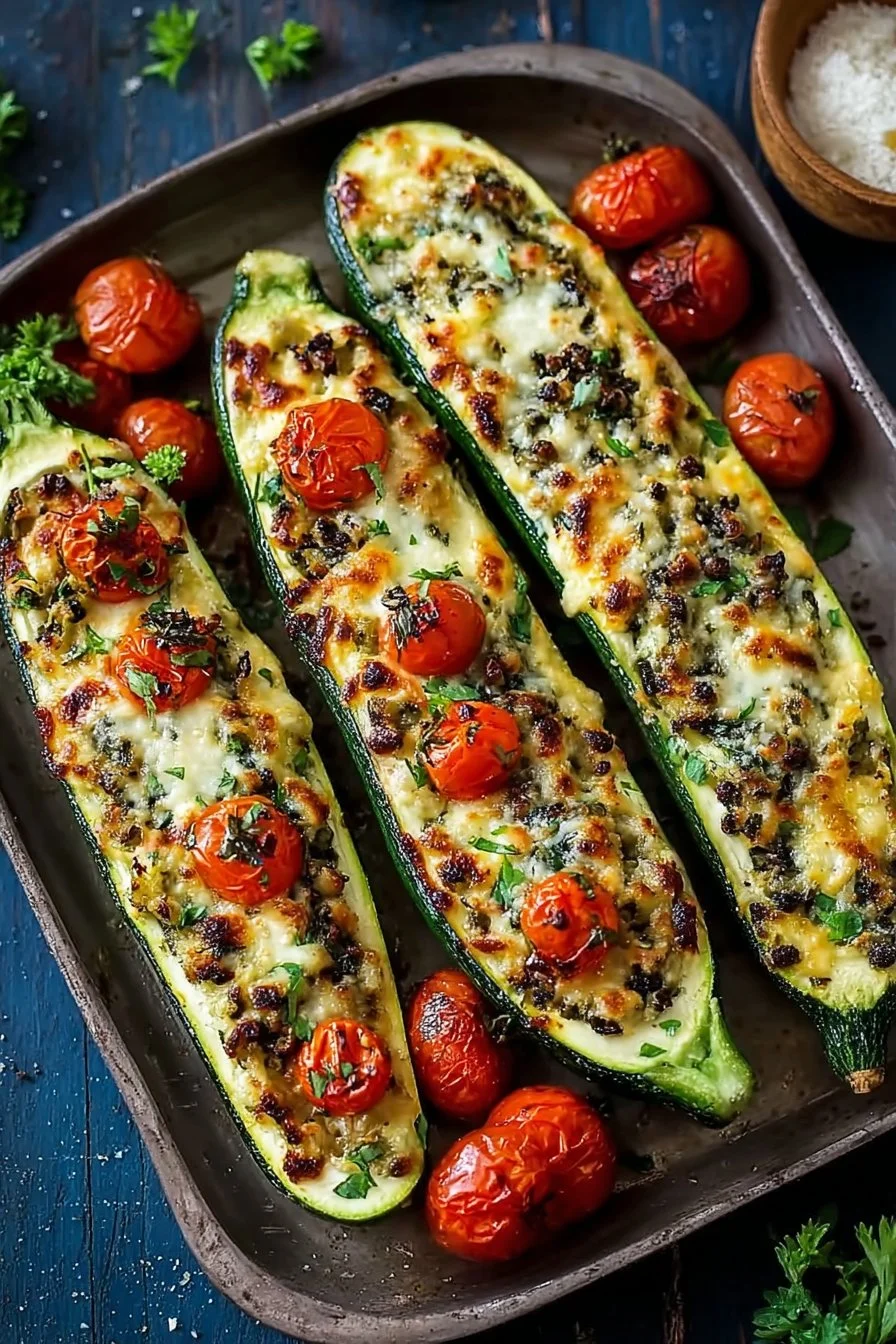 Delicious easy Mediterranean zucchini boats filled with veggies and herbs