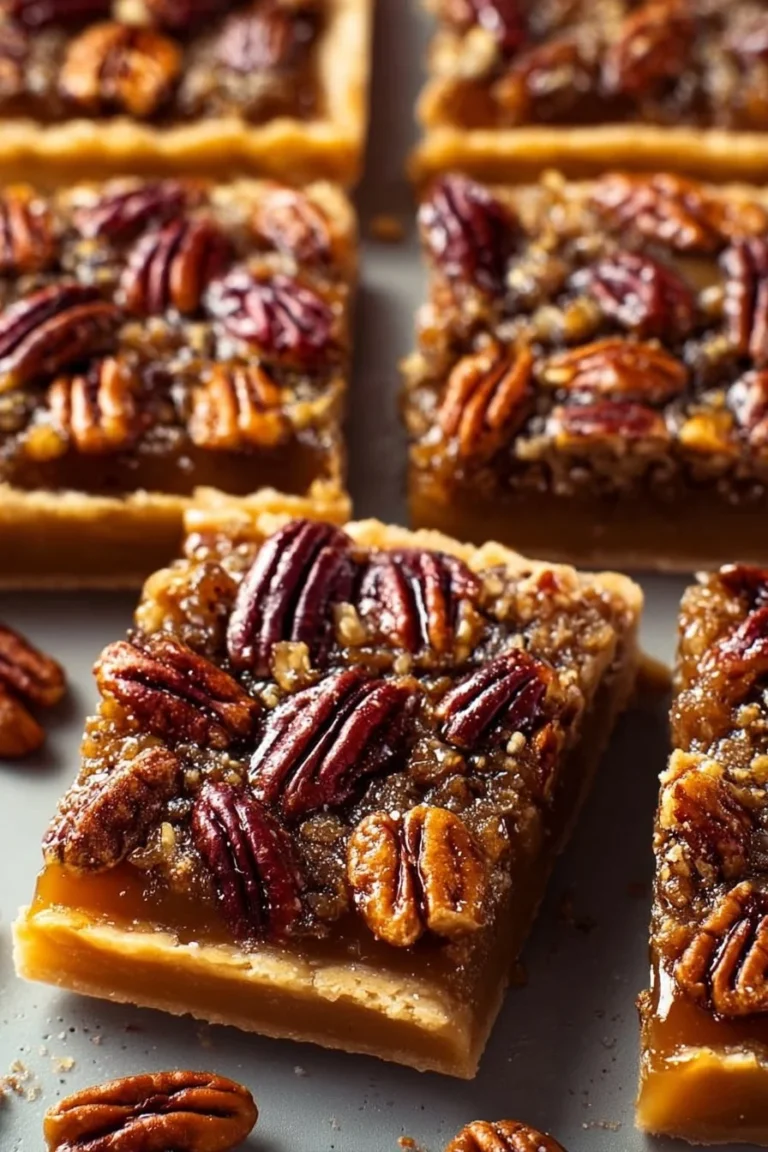 Delicious easy pecan pie bars on a wooden table with a slice cut out