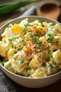 Delicious easy potato salad served in a bowl with fresh herbs