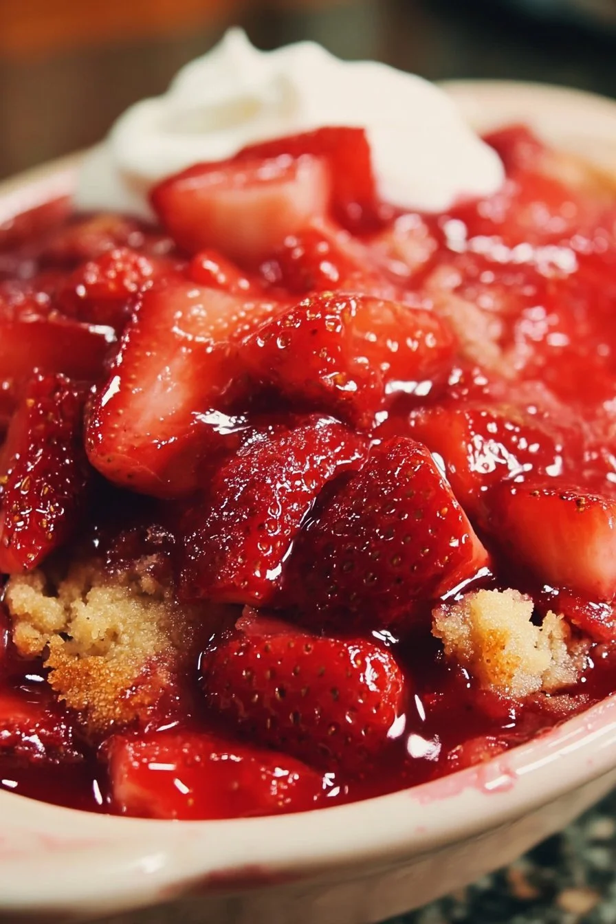 Delicious easy strawberry cobbler served with fresh strawberries on top.