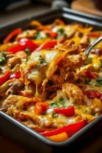 Delicious Fajita Chicken Casserole topped with peppers and cheese